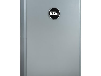 EG4 WallMount All Weather Battery mounted on an exterior wall, showcasing its rugged, weatherproof design and LCD touchscreen interface