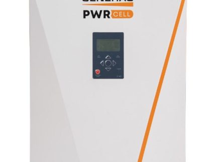 Generac Single Phase Inverter UL1741SB mounted on a wall with solar panels in the background, showcasing a modern residential solar setup.